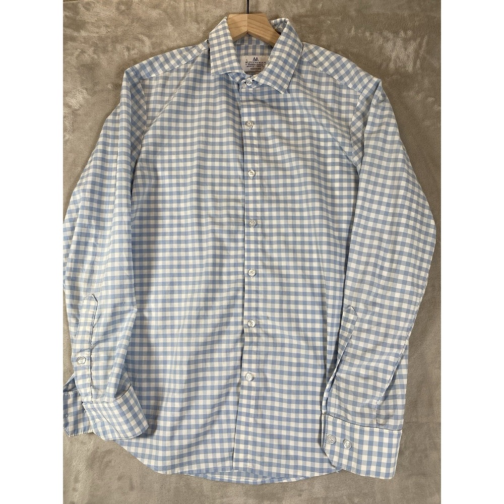 Mizzen+Main Shirt Medium*Stain* Blue Gingham Check Trim Fit‎ Leeward USA